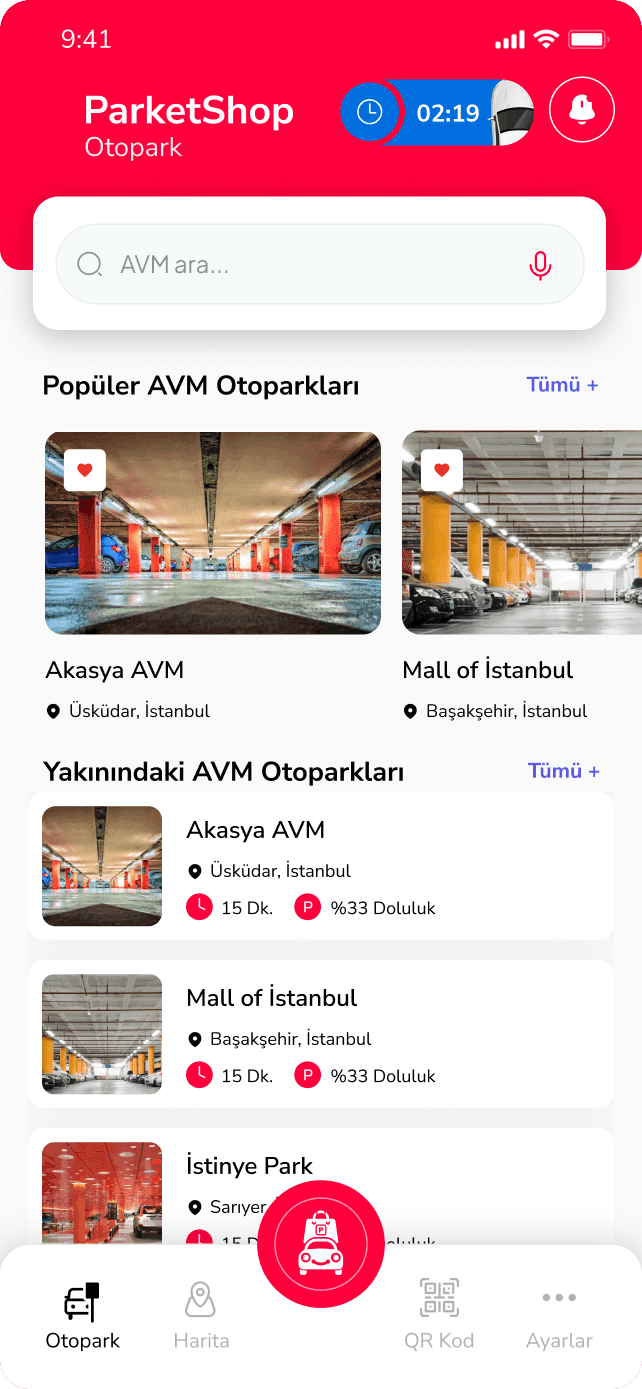 ParketShop otopark ana ekranı