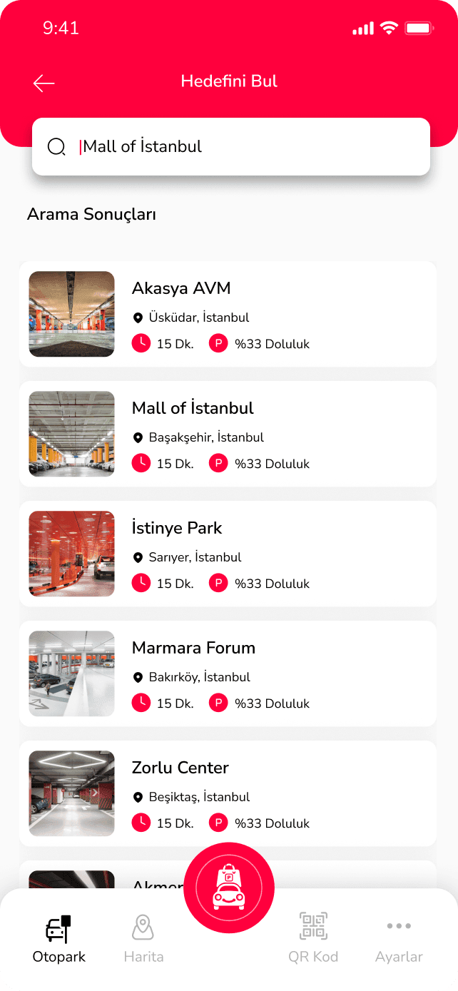 ParketShop AVM otopark arama ekranı