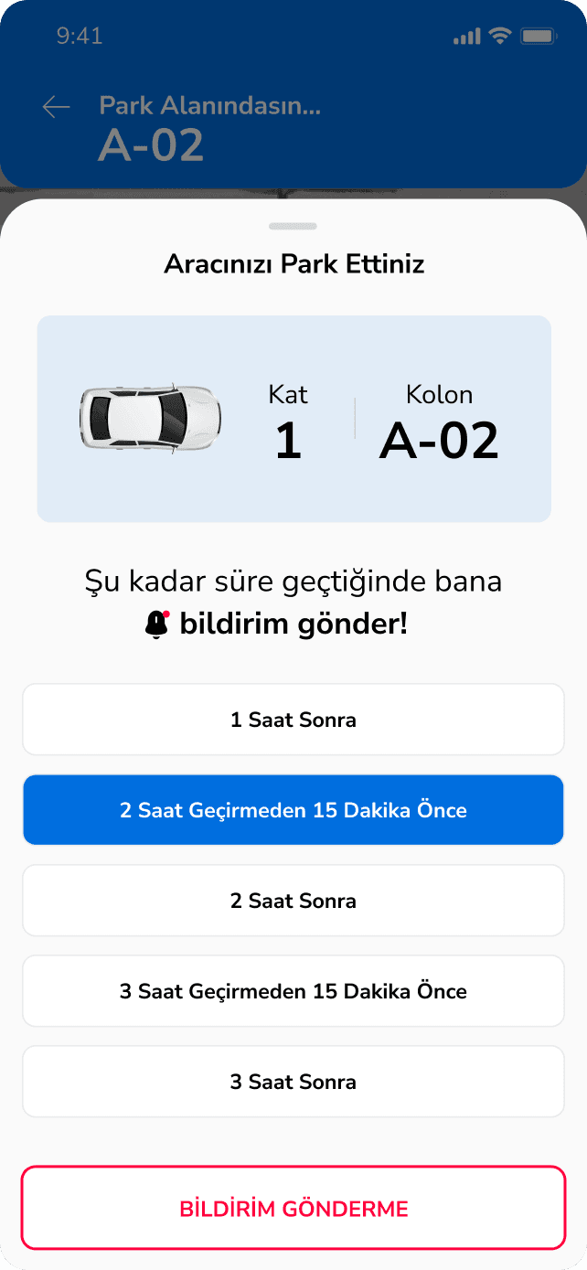 ParketShop otopark rota bildirim ekranı
